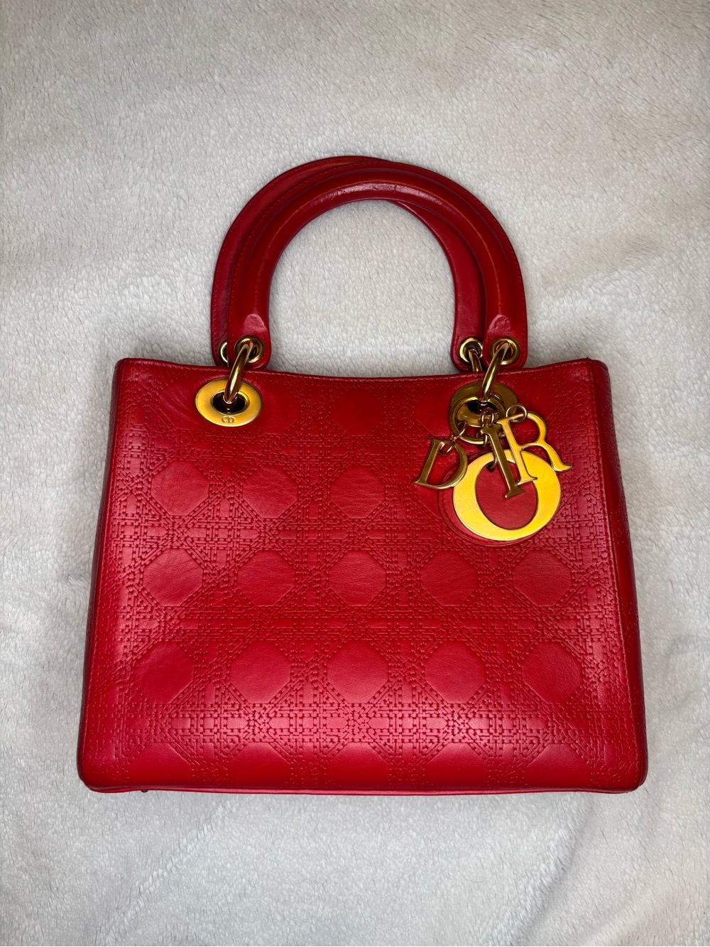 CHRISTIAN DIOR Lady Dior Cannage Red Leather Gold Hardware Tote Bag